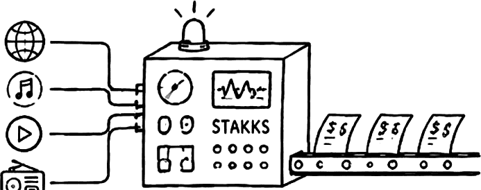 The Stakks engine ingesting data from globe, music, play and radio inputs and outputting a row of statements on a conveyor belt.