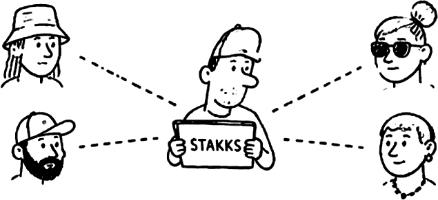 A central Stakks operator connected by dotted lines to five collaborator portraits — artists, producers and songwriters.